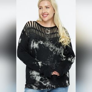 New Vocal Plus Rhinestone Tie Dye Black Slashed Top Shirt